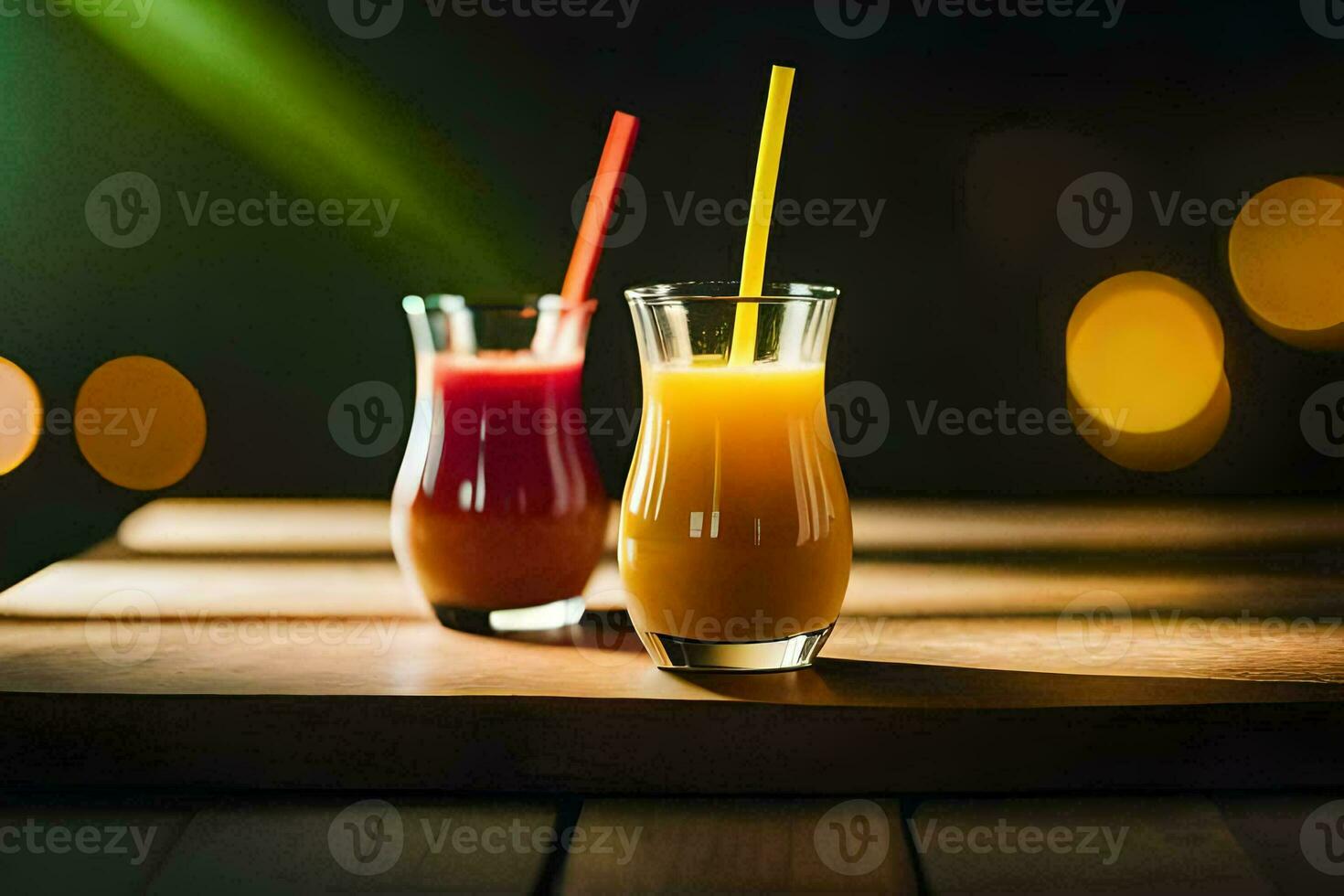 zwei Brille von Orange Saft mit Strohhalme auf ein hölzern Tisch. KI-generiert foto