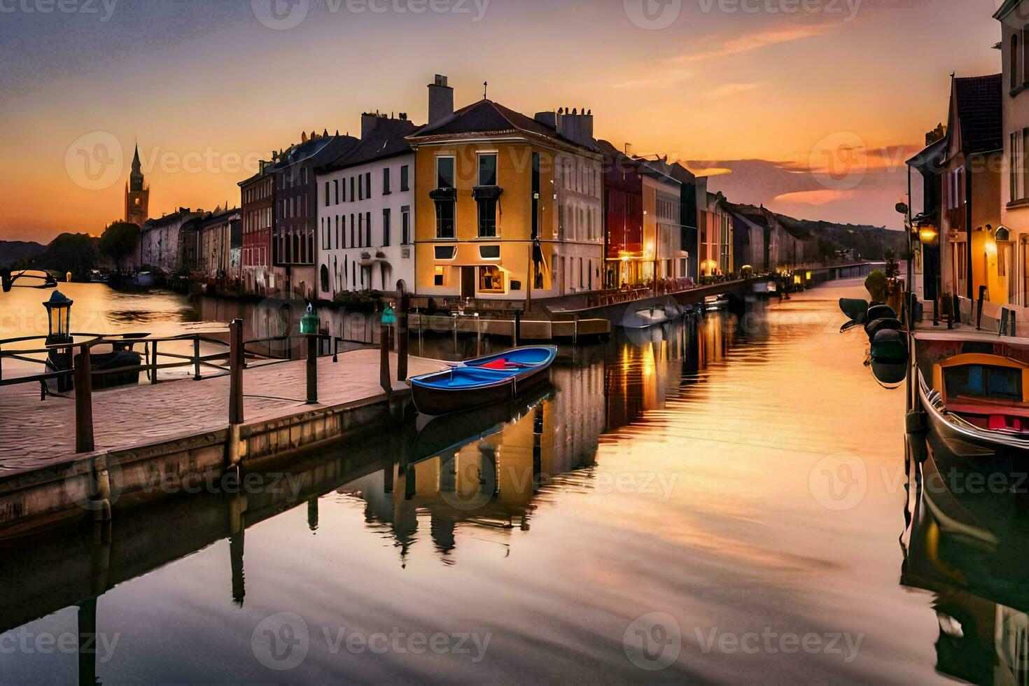 ein Kanal im das Mitte von ein Stadt beim Sonnenuntergang. KI-generiert foto