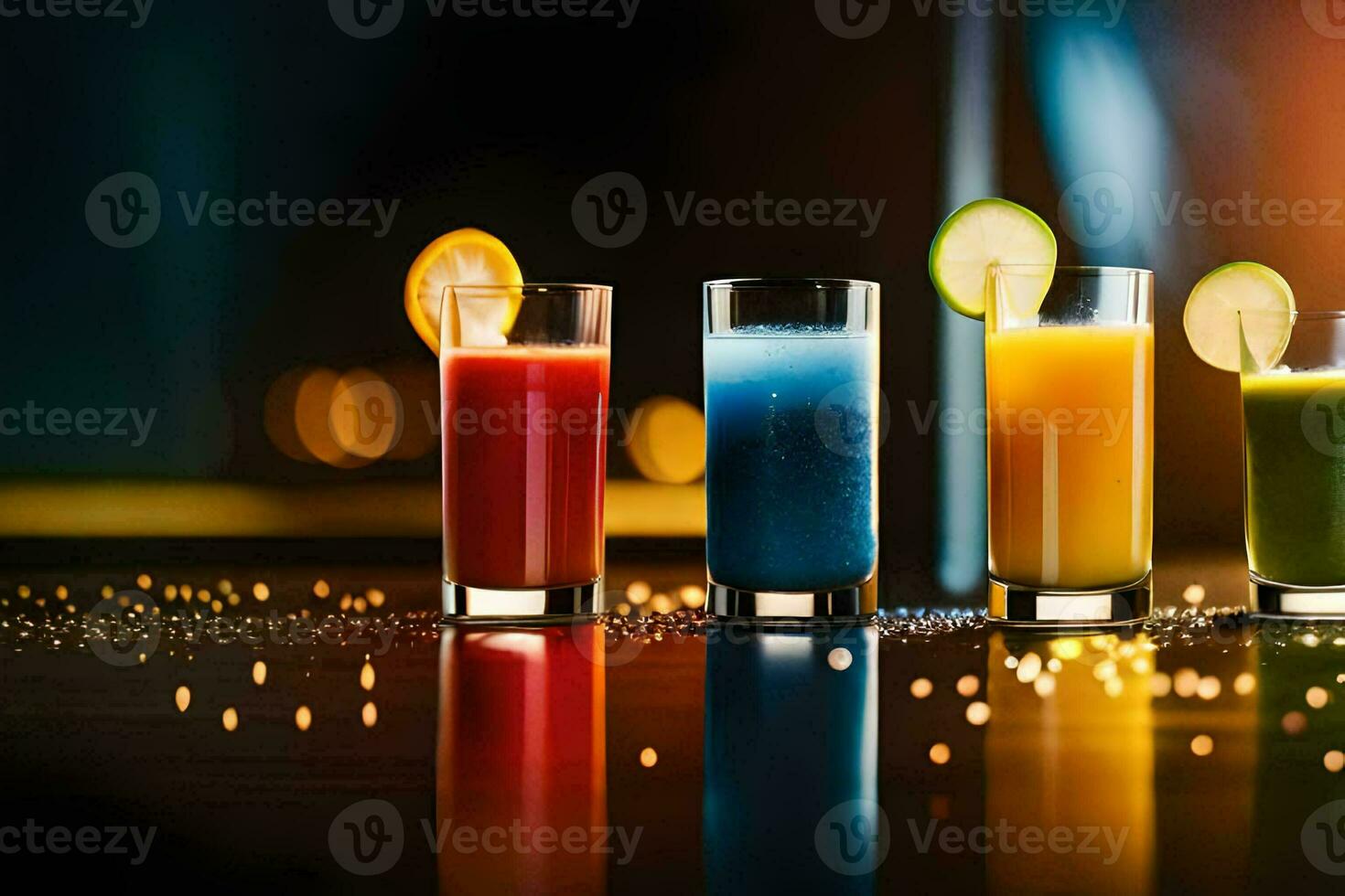 vier anders farbig Getränke im Brille auf ein Tisch. KI-generiert foto