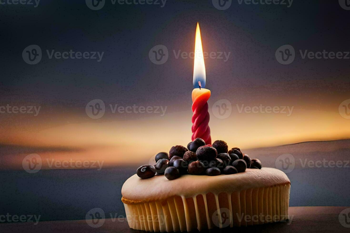 ein Cupcake mit ein zündete Kerze auf oben. KI-generiert foto