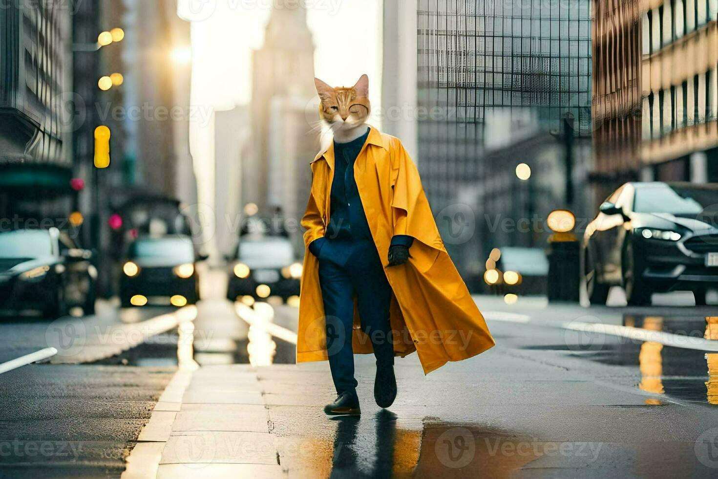 ein Katze tragen ein Gelb Mantel und Gehen Nieder ein Stadt Straße. KI-generiert foto