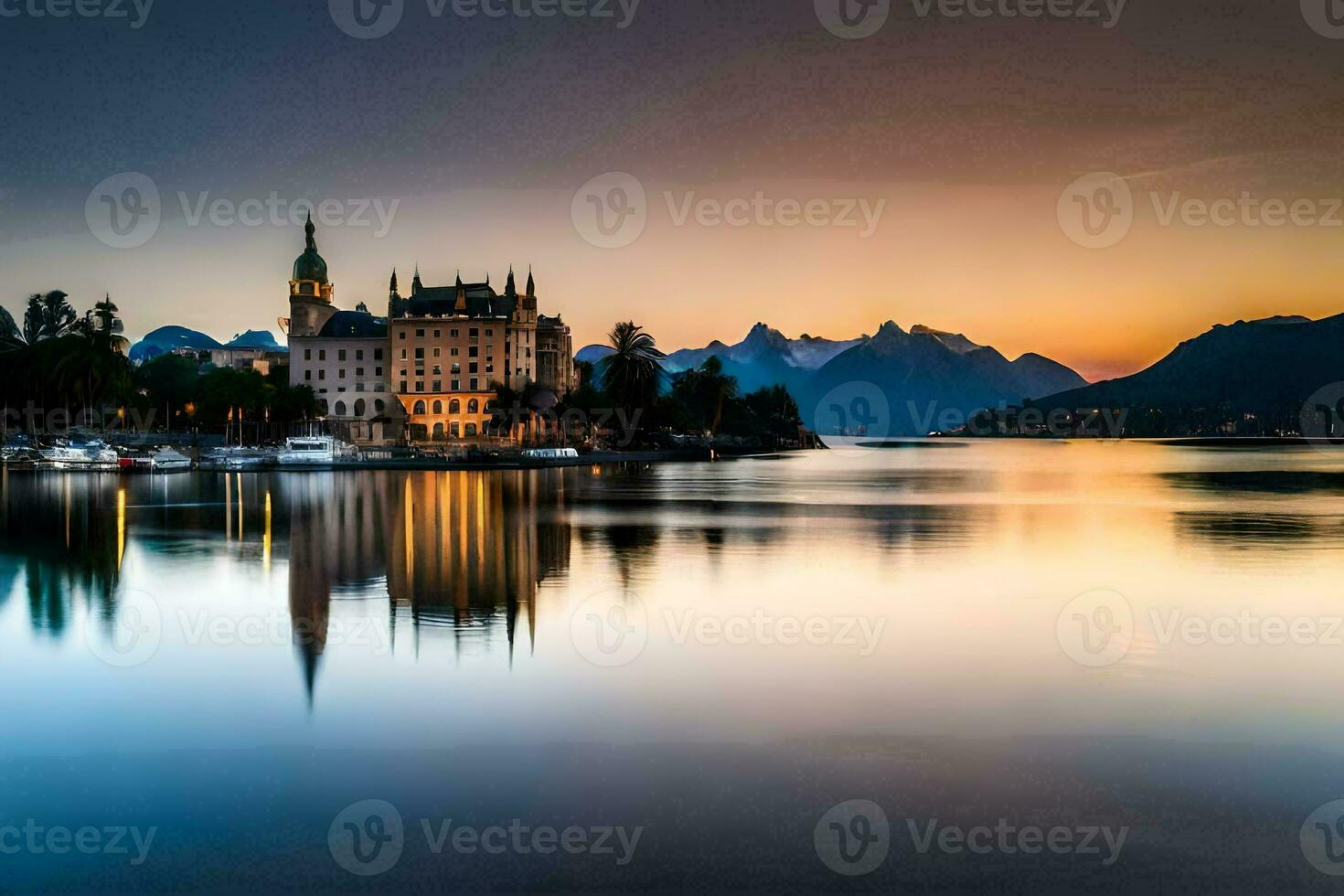 ein schön Schloss sitzt auf das Ufer von See See beim Sonnenuntergang. KI-generiert foto