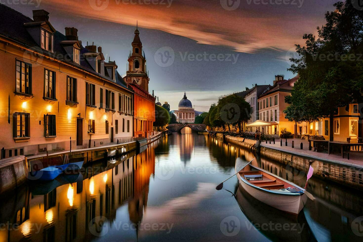 ein Boot ist angedockt im ein Kanal beim Sonnenuntergang. KI-generiert foto