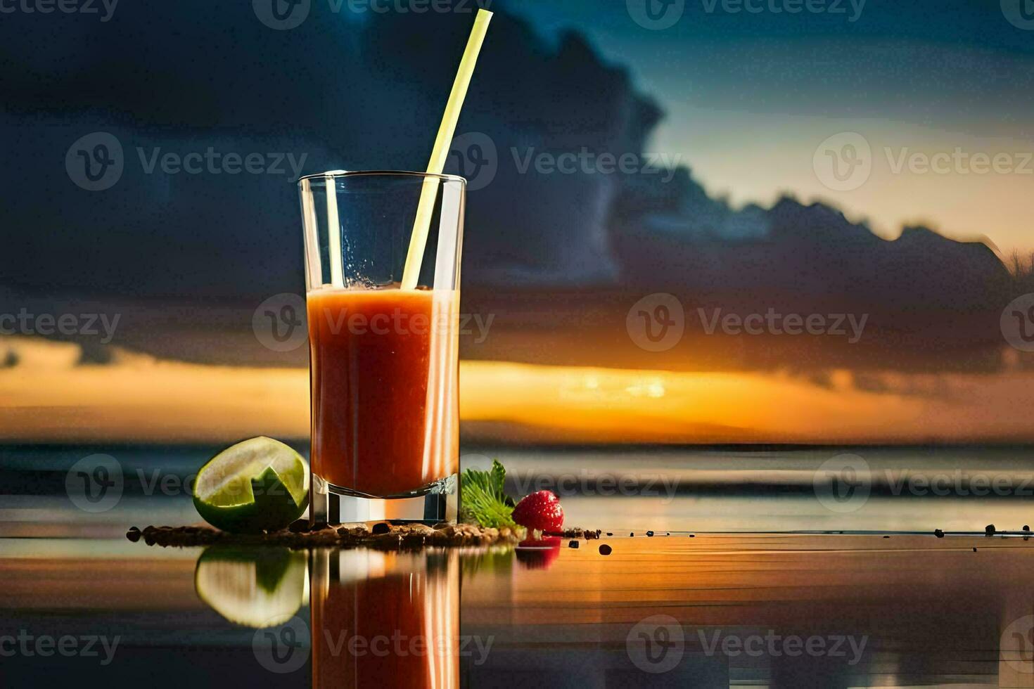 ein Glas von Saft mit ein Limette und ein Stroh auf das Strand. KI-generiert foto