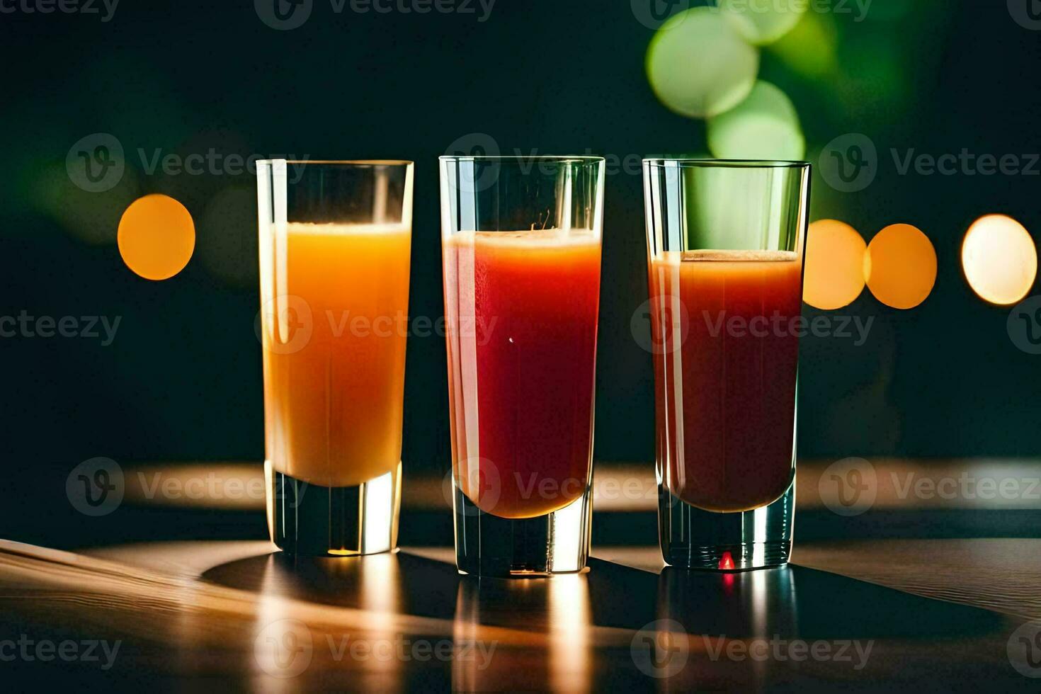 drei Brille von Orange Saft auf ein Tisch. KI-generiert foto