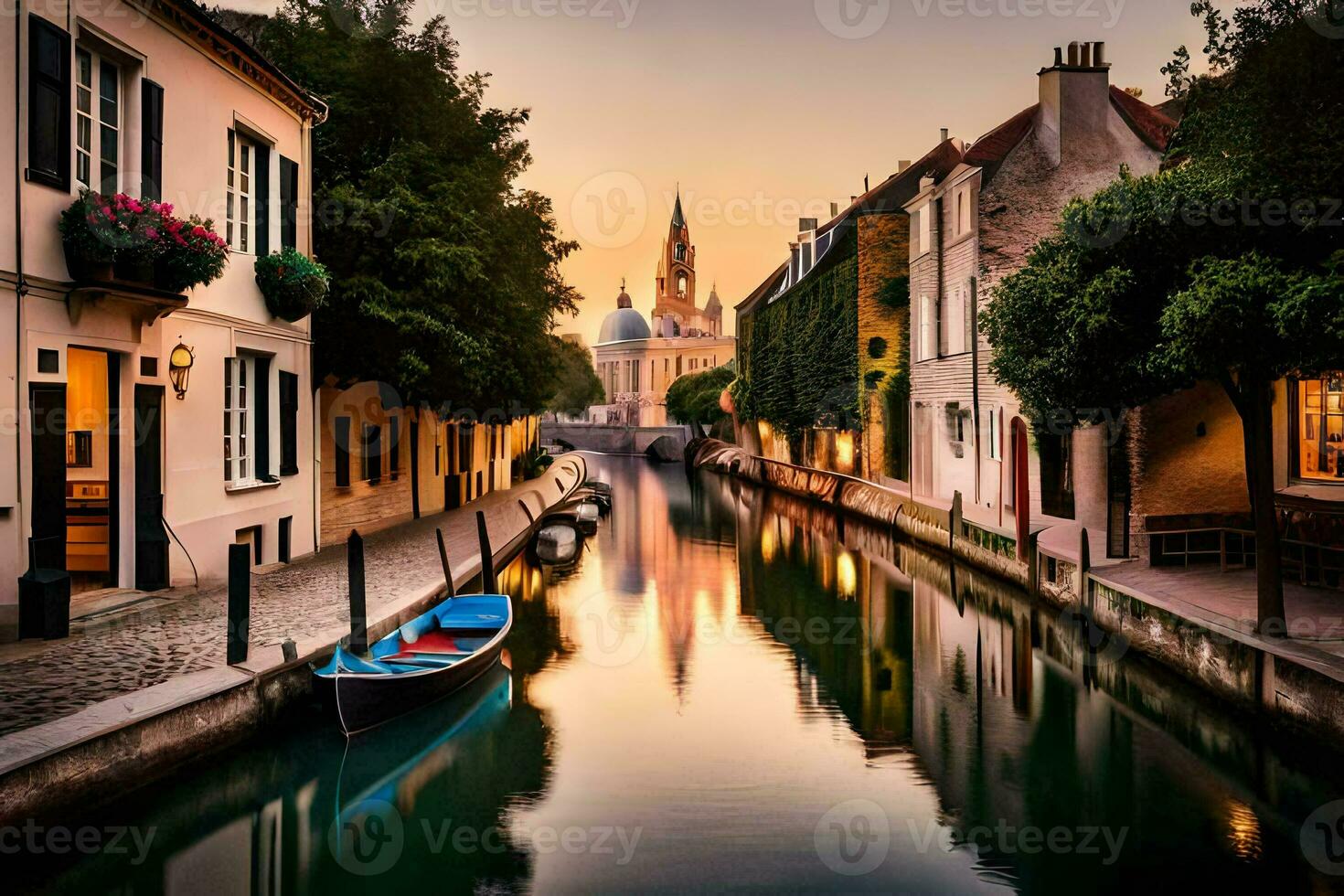 ein Kanal im ein Stadt mit Boote und Gebäude. KI-generiert foto