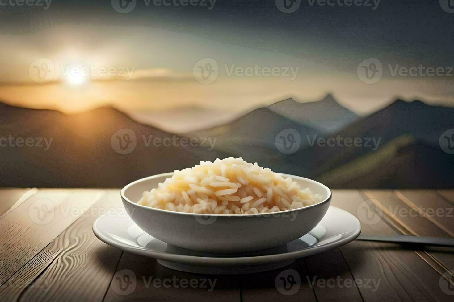 ein Schüssel von Reis auf ein Tabelle mit Berge im das Hintergrund. KI-generiert foto