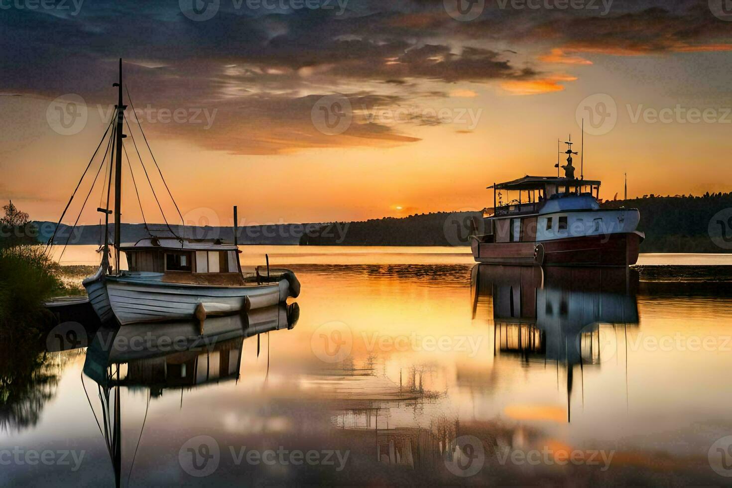 Boote angedockt beim das Ufer von ein See beim Sonnenuntergang. KI-generiert foto