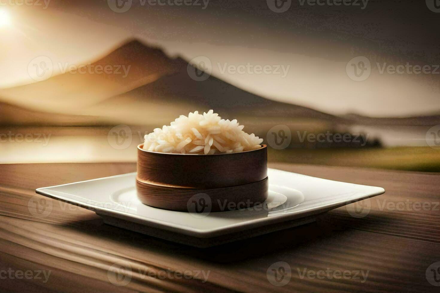 ein Schokolade Dessert auf ein Teller mit Berge im das Hintergrund. KI-generiert foto