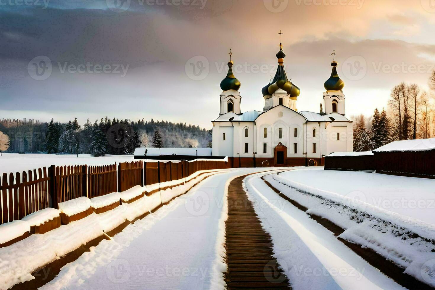 ein Kirche im das Schnee mit ein hölzern Weg. KI-generiert foto