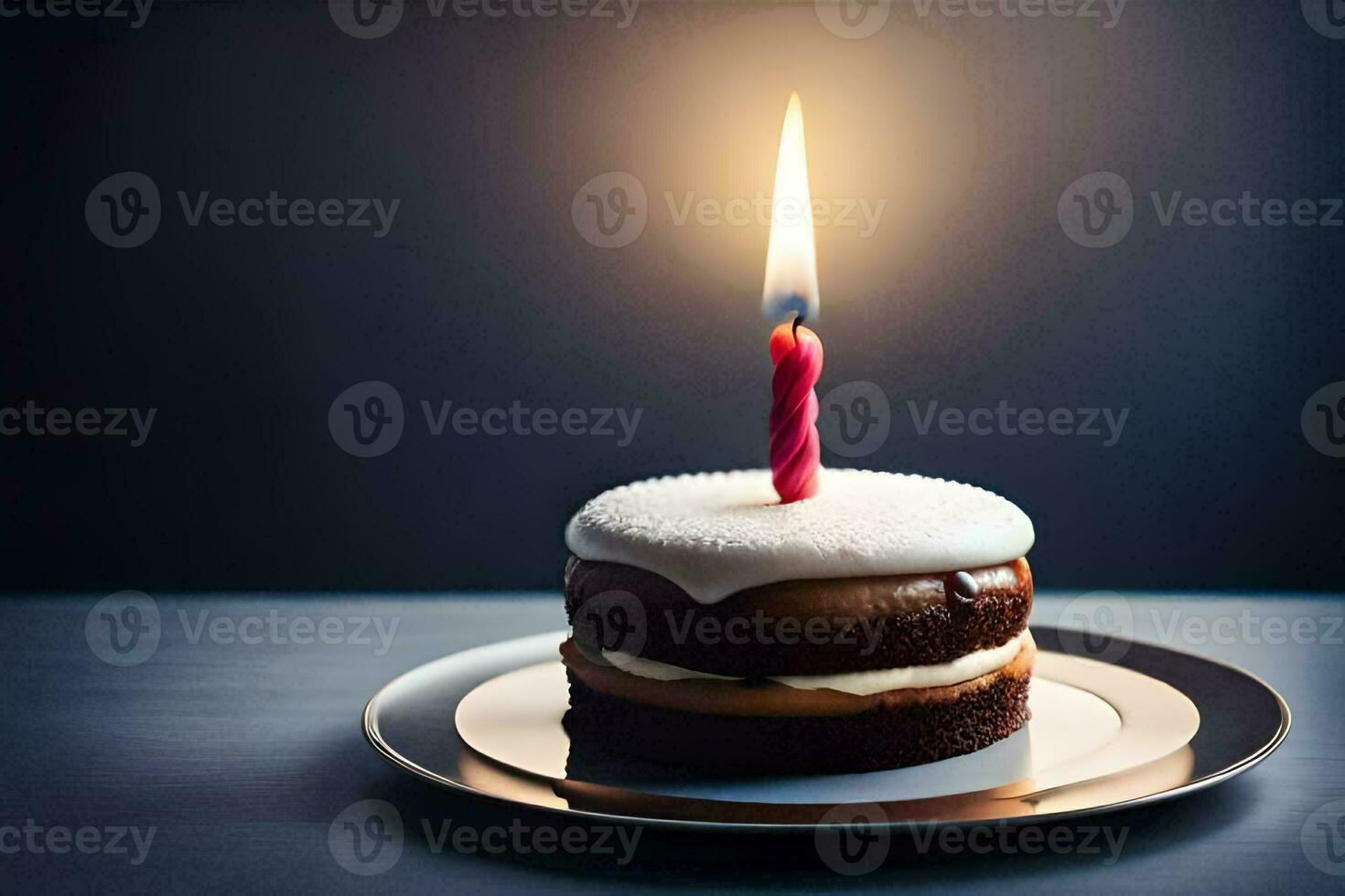 ein klein Kuchen mit ein Single Kerze auf oben. KI-generiert foto