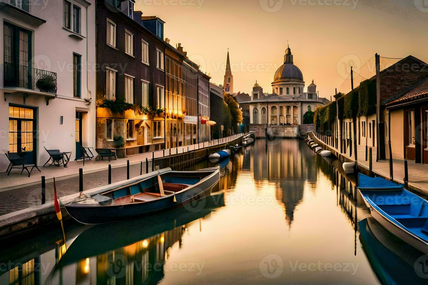 Boote sind angedockt im ein Kanal beim Sonnenuntergang. KI-generiert foto