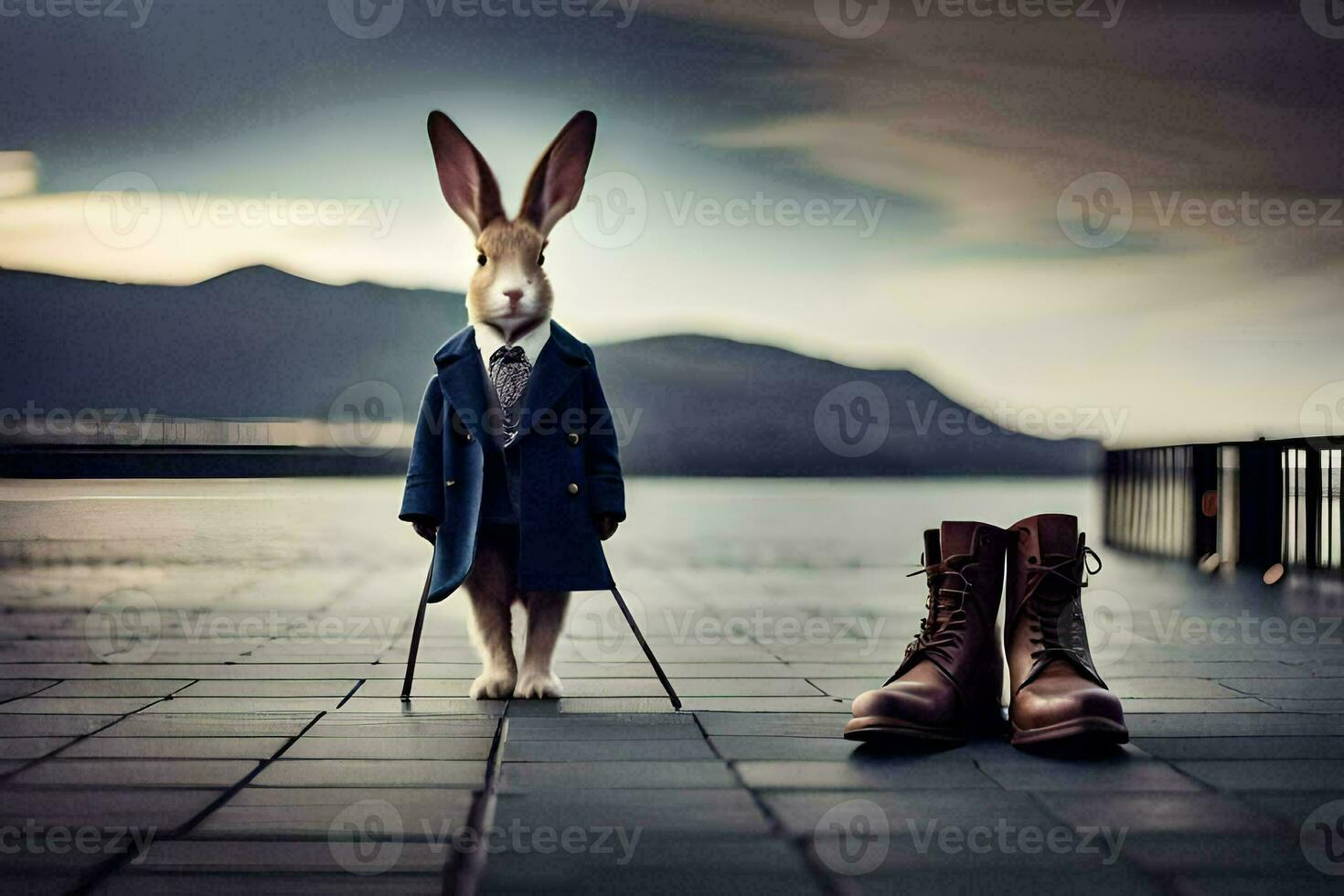 ein Hase im ein passen und Krawatte Stehen Nächster zu ein Paar von Stiefel. KI-generiert foto