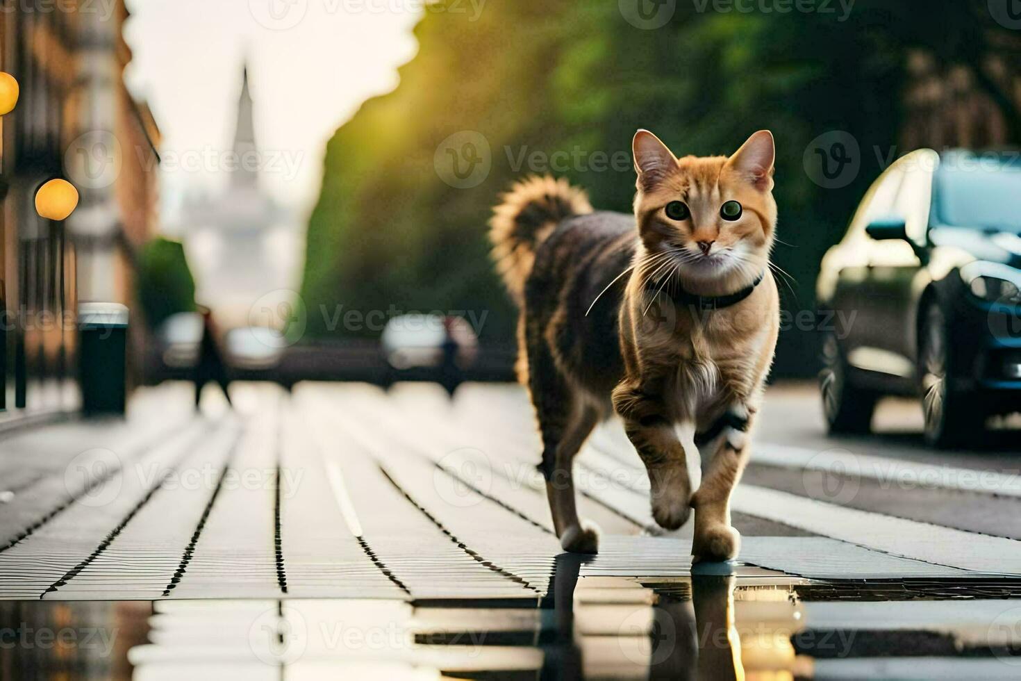 ein Katze Gehen über ein nass Straße im Vorderseite von ein Wagen. KI-generiert foto