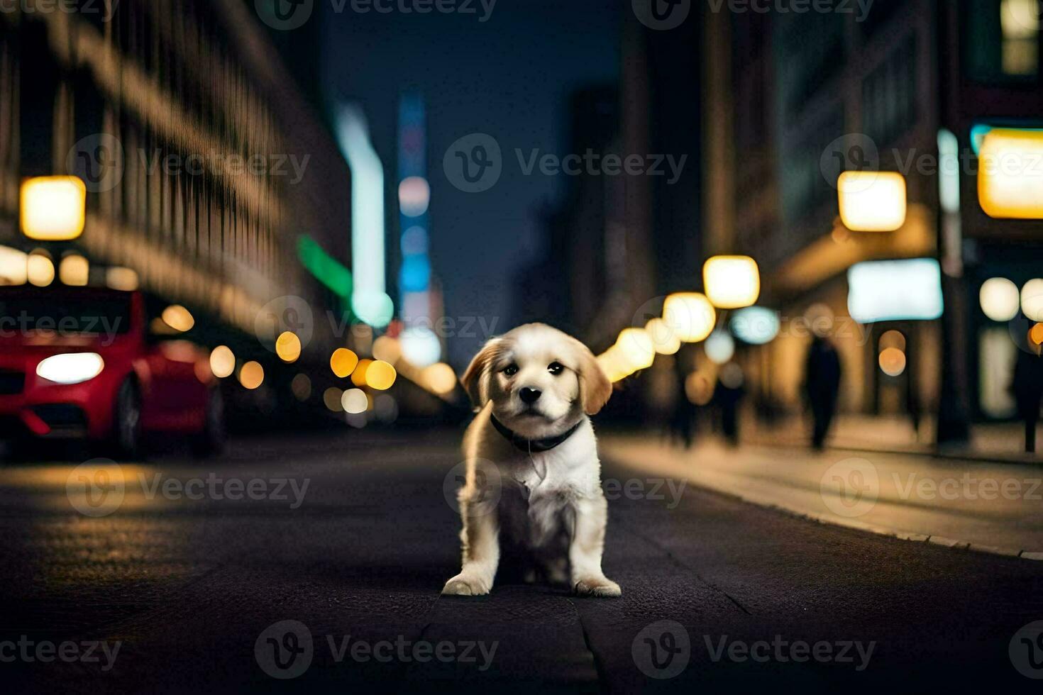 ein Hündchen sitzt auf das Straße beim Nacht. KI-generiert foto