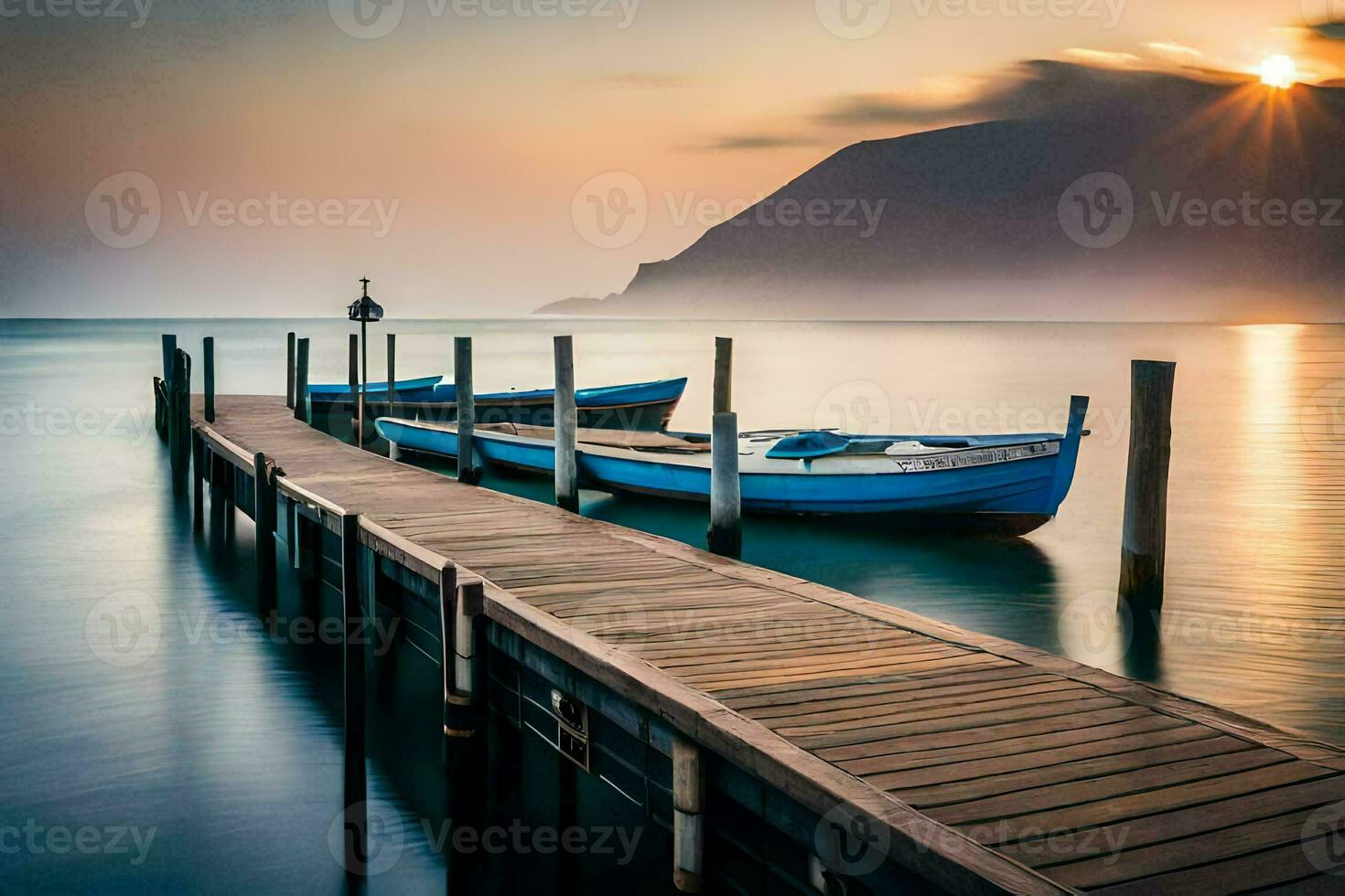 ein Boot angedockt beim das Ende von ein Seebrücke im das Ozean. KI-generiert foto