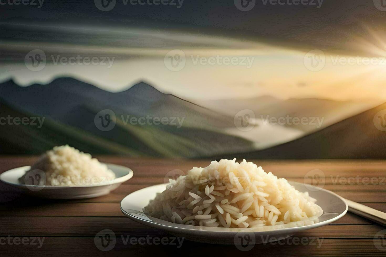 das Reis ist serviert auf ein hölzern Tabelle mit Essstäbchen und ein Schüssel von Wasser. KI-generiert foto