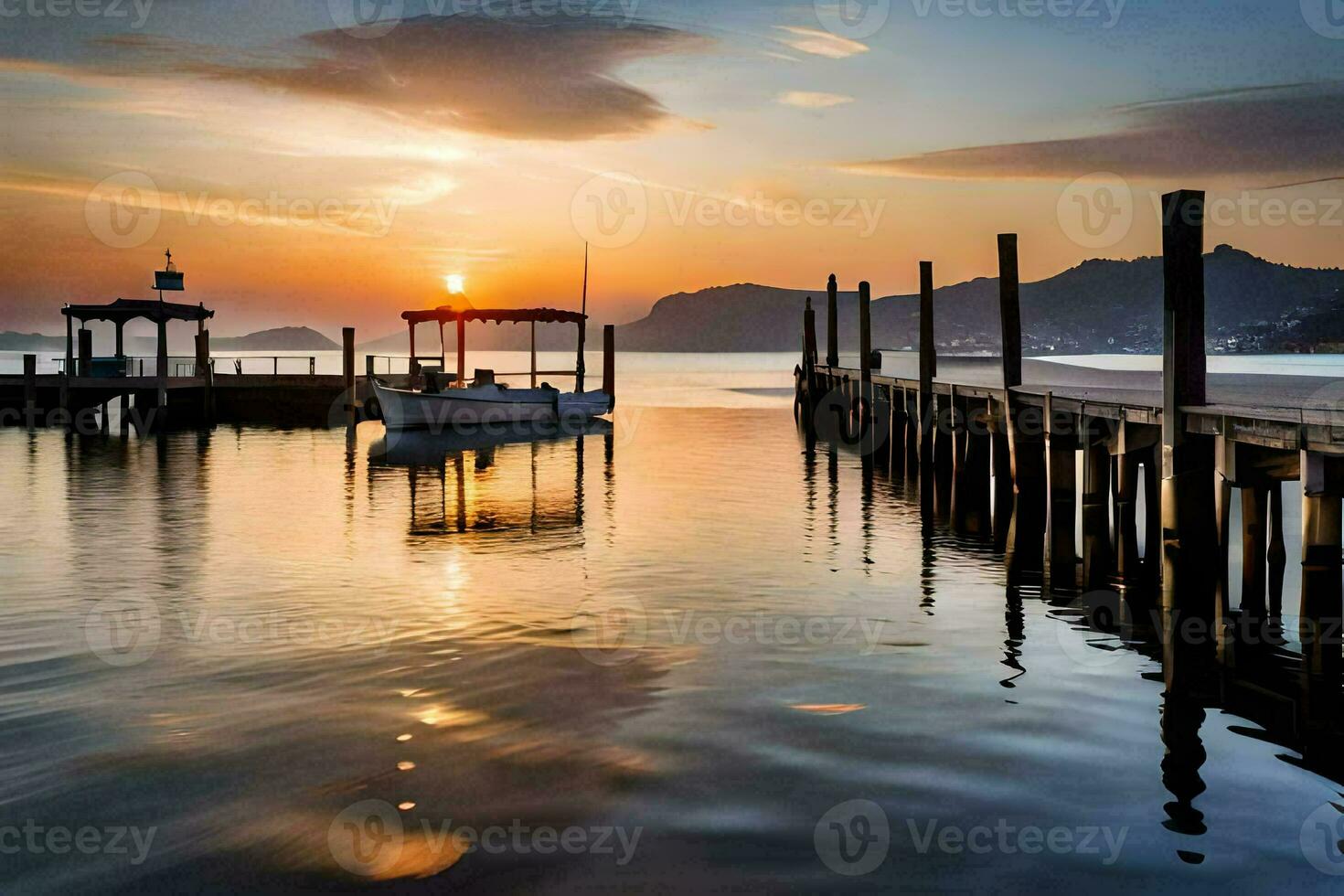 ein Boot angedockt beim das Seebrücke beim Sonnenuntergang. KI-generiert foto