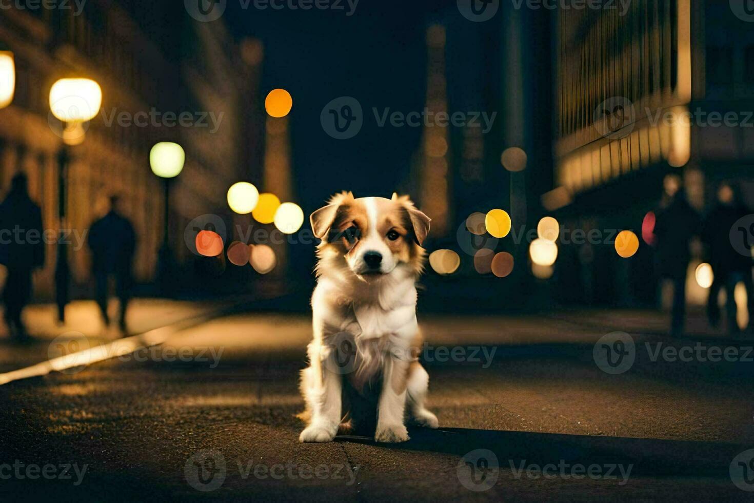 ein Hund Sitzung auf das Straße beim Nacht. KI-generiert foto