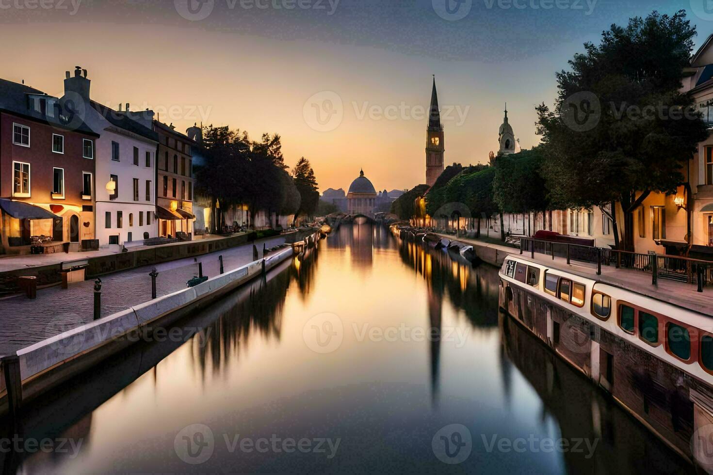 ein Kanal im das Stadt beim Sonnenuntergang. KI-generiert foto