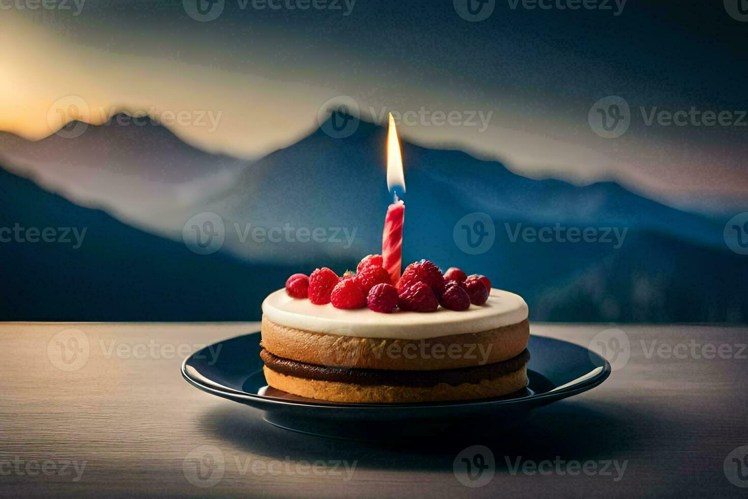 das Kuchen ist auf ein Teller mit ein Kerze im das Mitte. KI-generiert foto