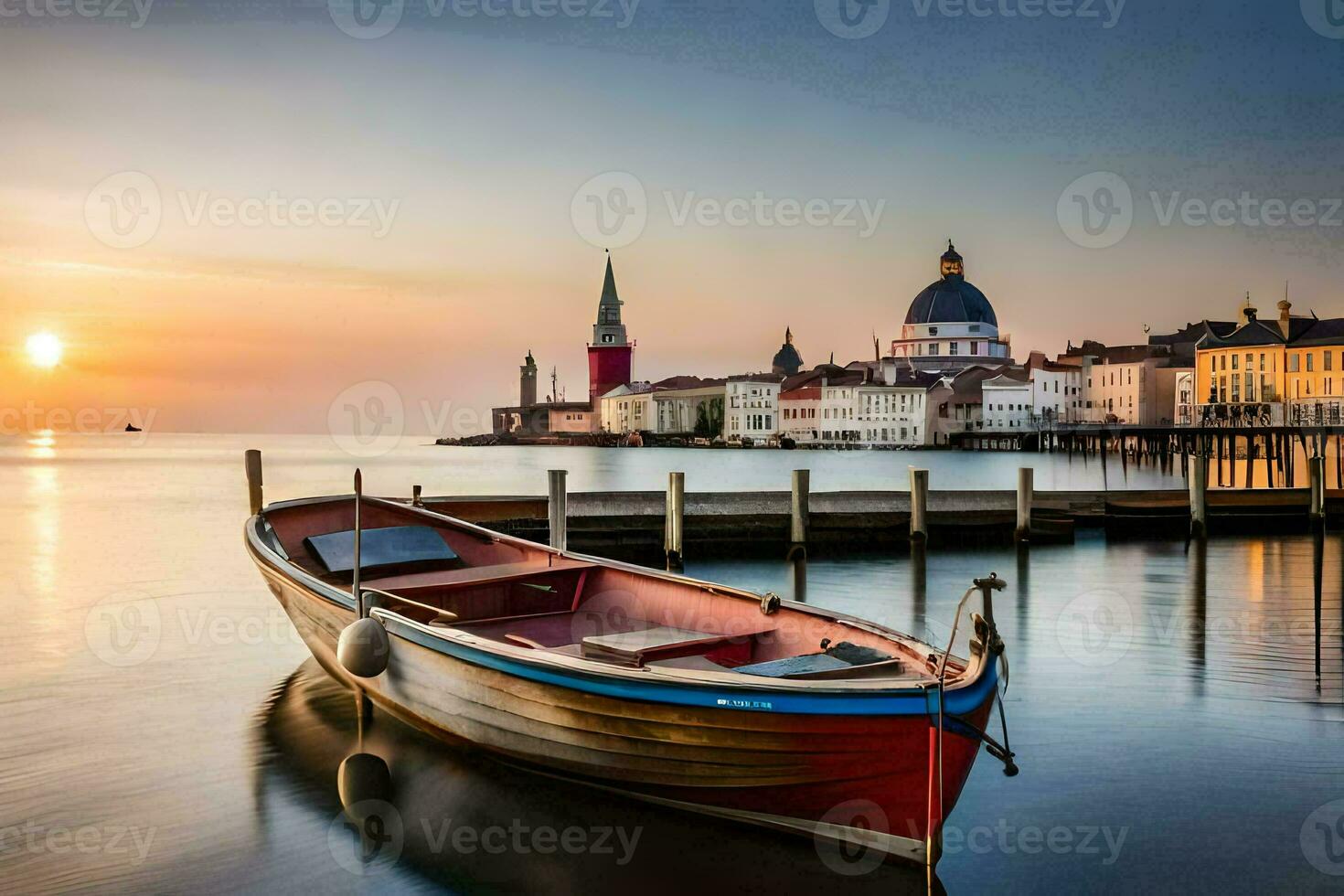 ein Boot sitzt auf das Wasser beim Sonnenuntergang. KI-generiert foto