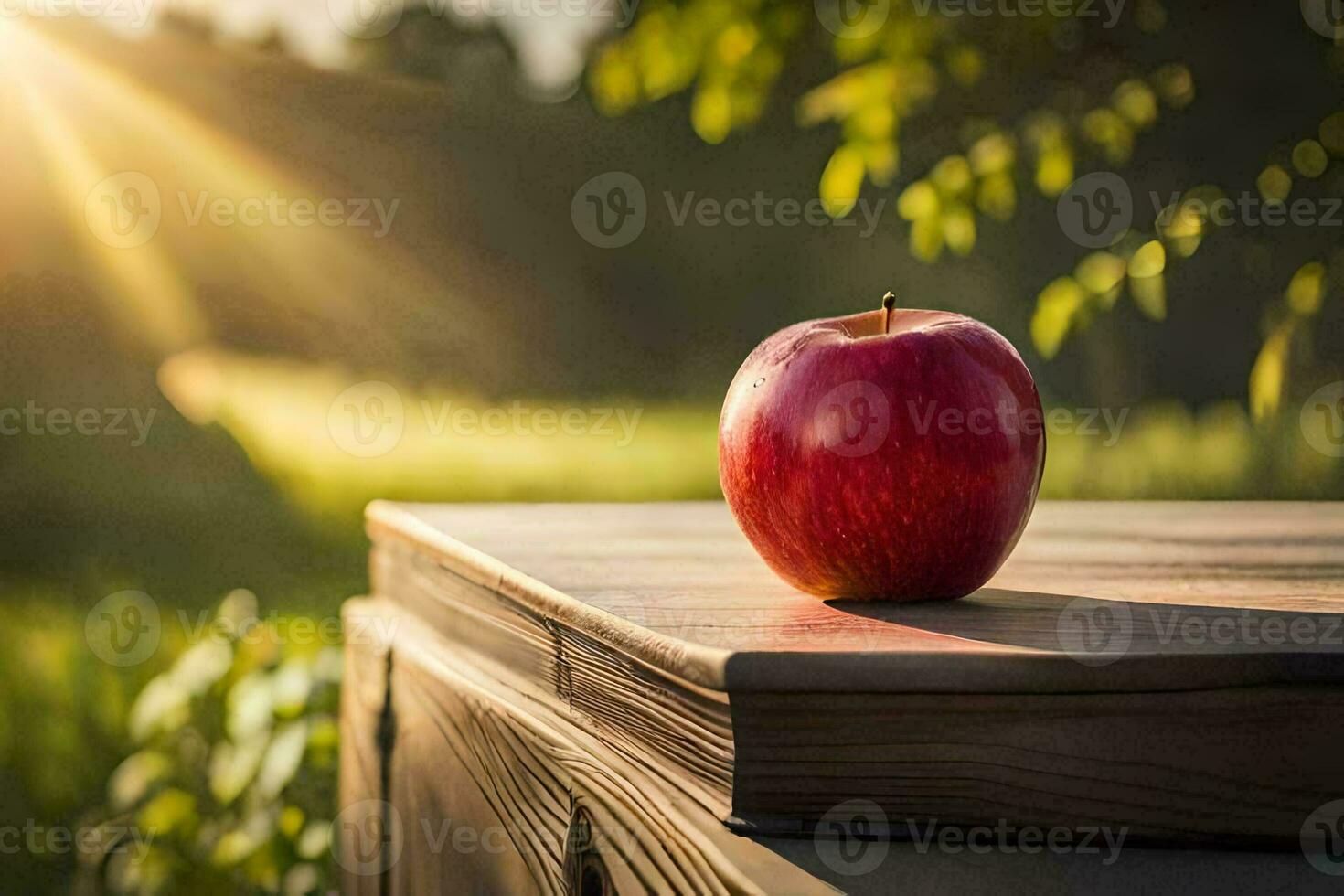 ein Apfel sitzt auf oben von ein hölzern Tabelle im das Sonne. KI-generiert foto