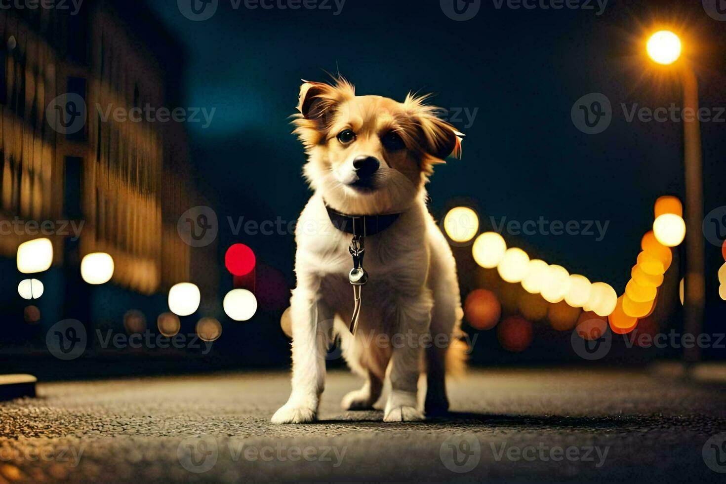 ein Hund Stehen auf das Straße beim Nacht. KI-generiert foto