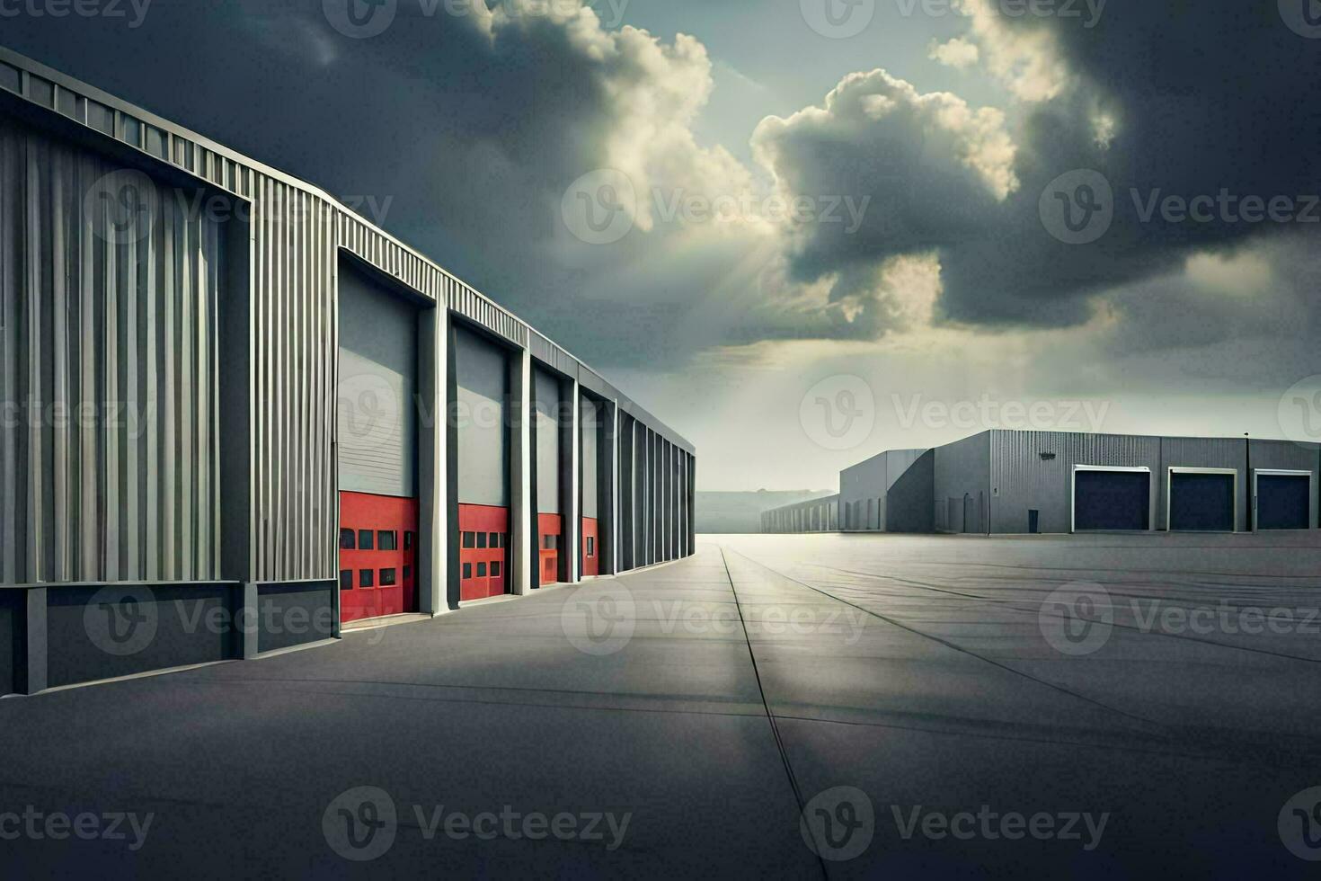 ein groß industriell Gebäude mit zwei Türen und ein Himmel. KI-generiert foto