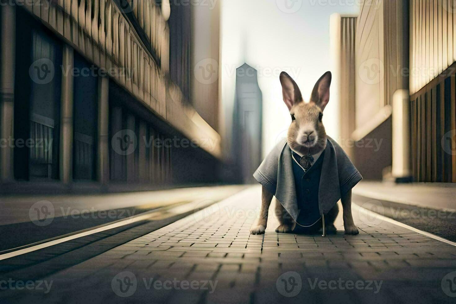 ein Hase im ein passen und Krawatte Stehen auf ein Straße. KI-generiert foto