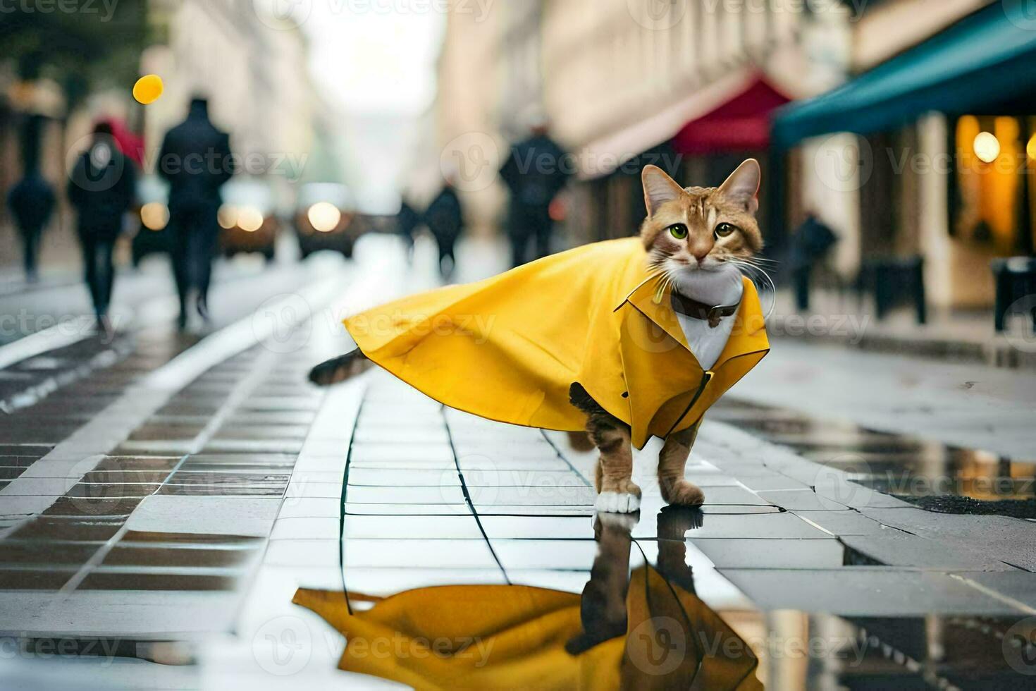 ein Katze tragen ein Gelb Regenjacke auf ein Stadt Straße. KI-generiert foto