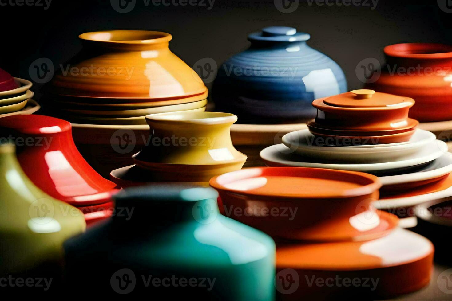 bunt Keramik Geschirr sind vereinbart worden auf ein Tisch. KI-generiert foto