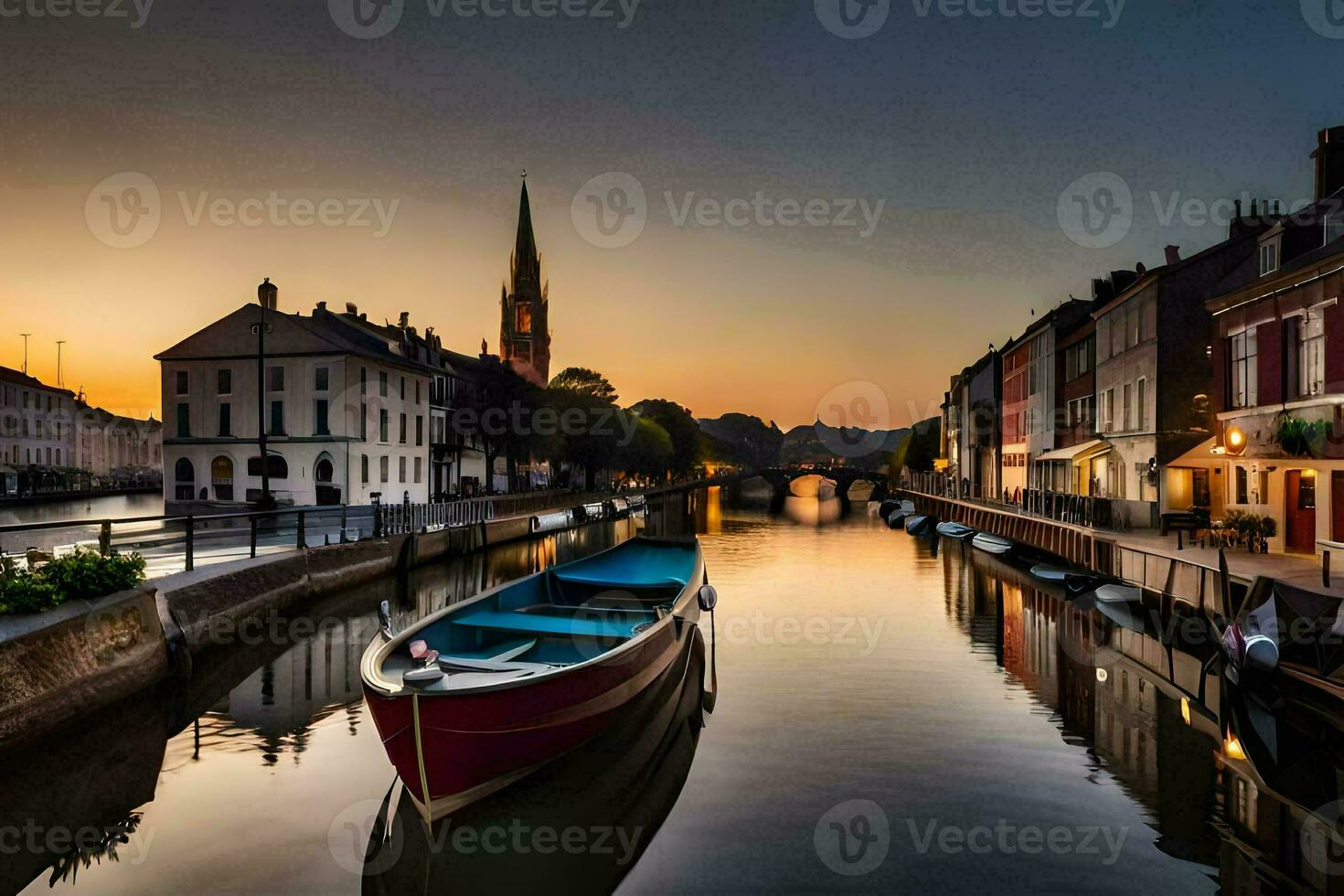 ein Boot sitzt auf das Wasser im ein Kanal beim Sonnenuntergang. KI-generiert foto