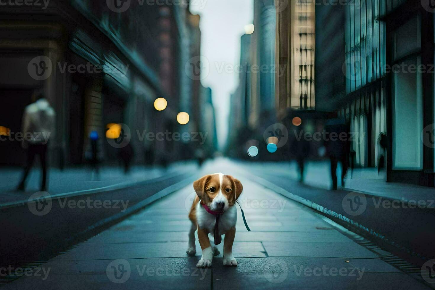 ein Hund Stehen auf ein Straße im ein Stadt. KI-generiert foto