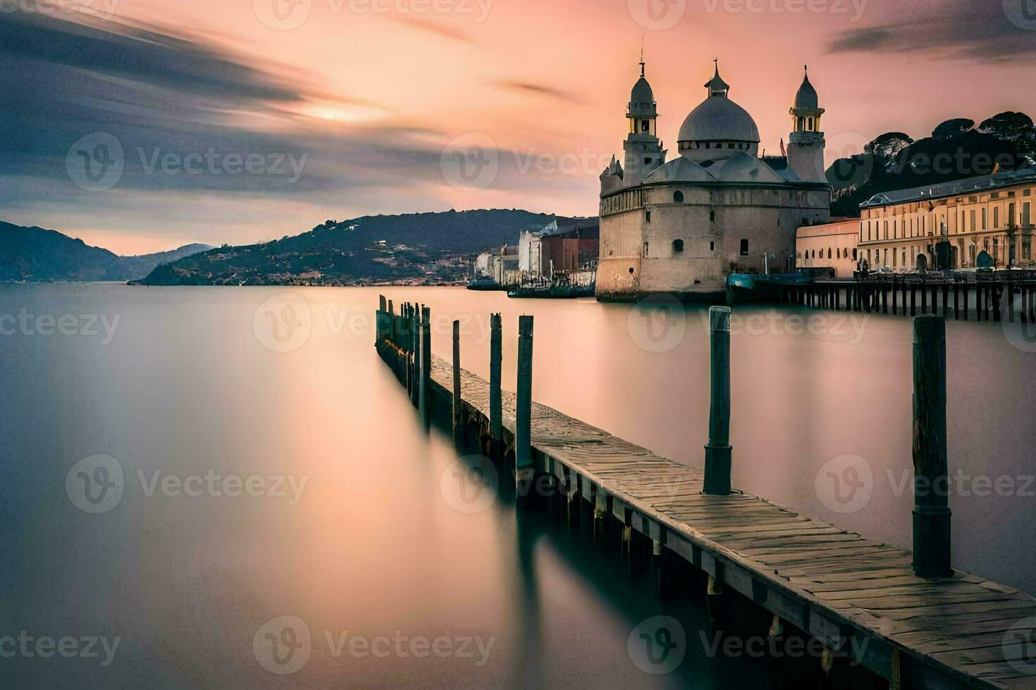 ein lange Exposition Foto von ein Kirche im das Wasser. KI-generiert