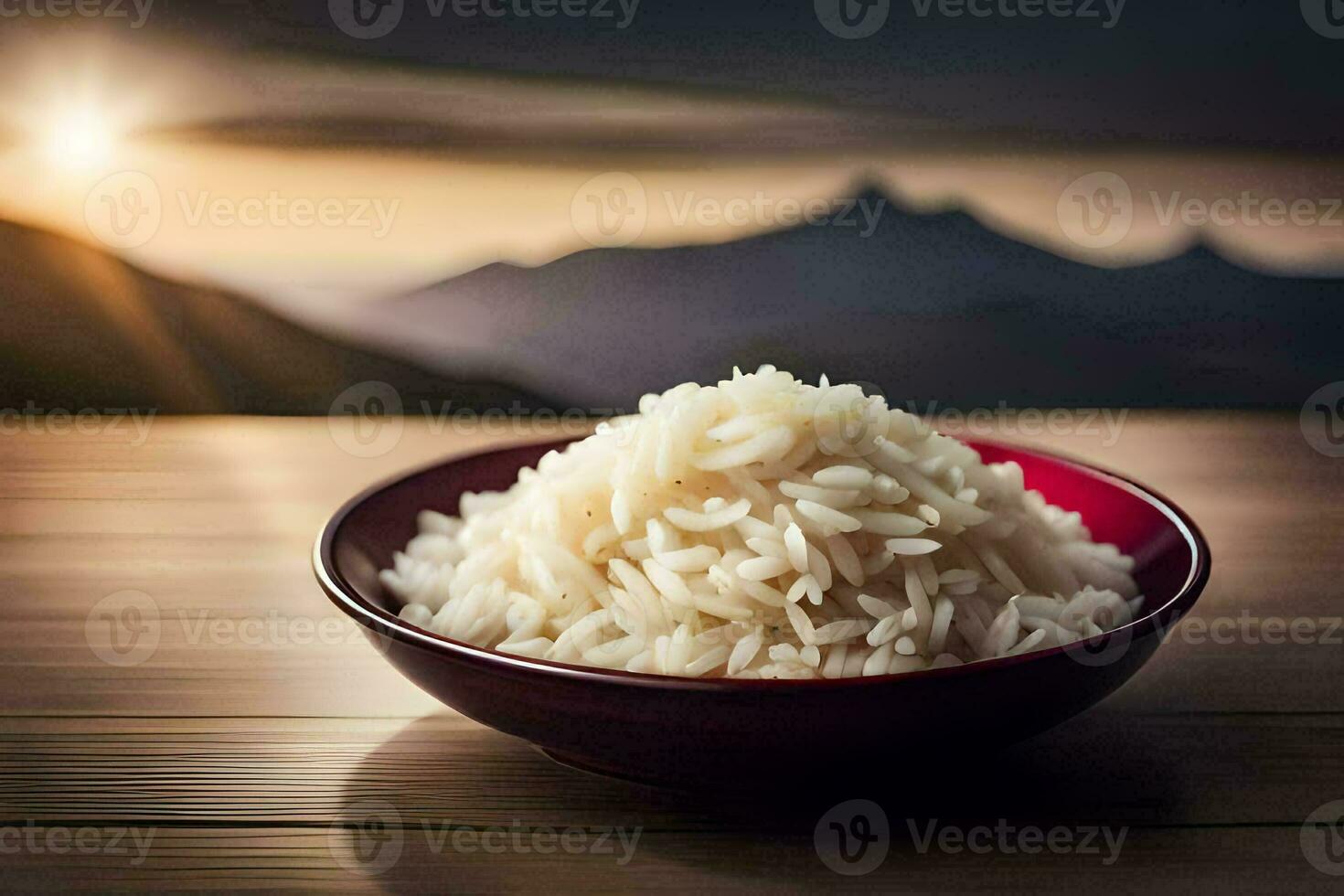 ein Schüssel von Reis auf ein Tabelle im Vorderseite von Berge. KI-generiert foto