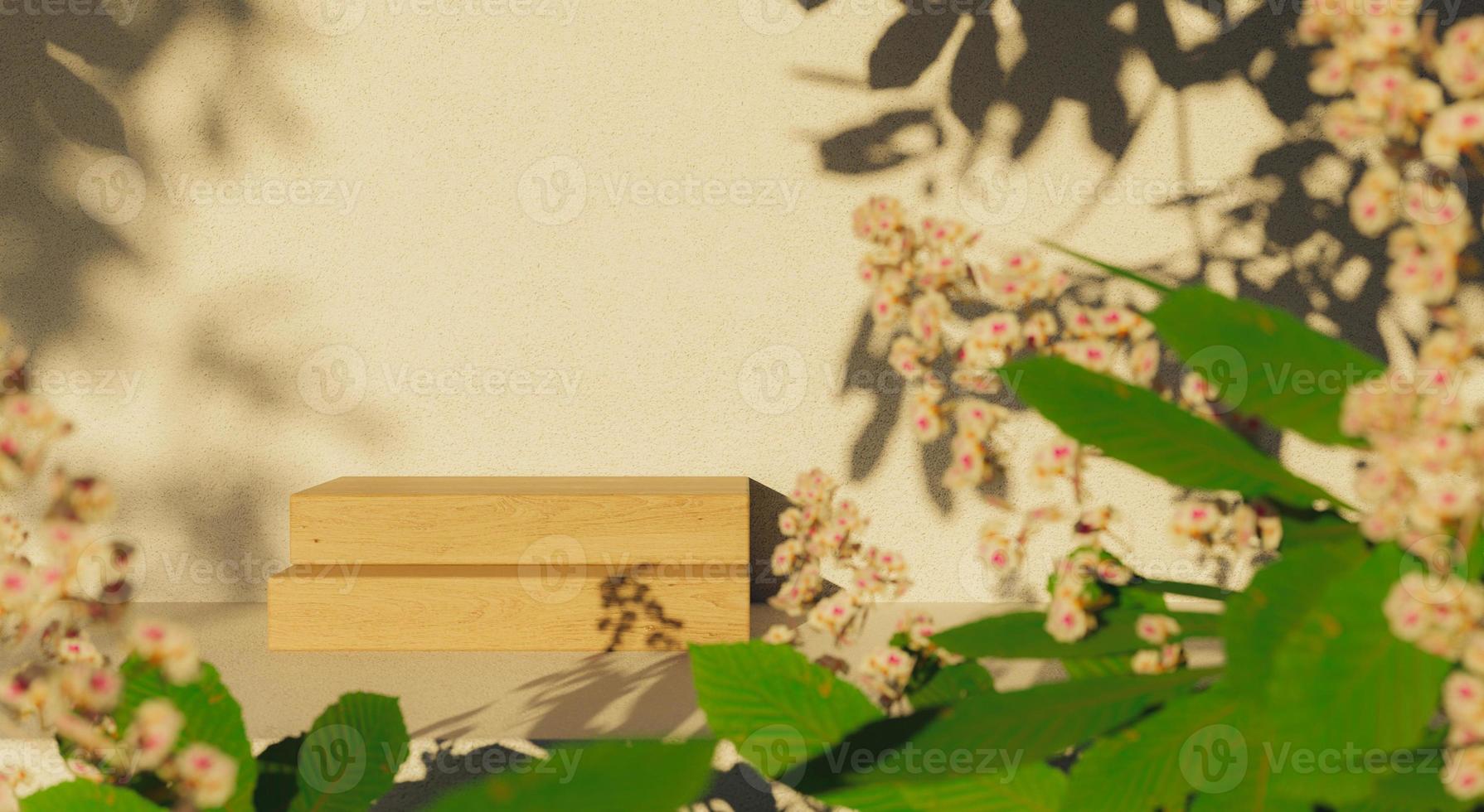 Holzpodest umgeben von Blättern und Blumen foto