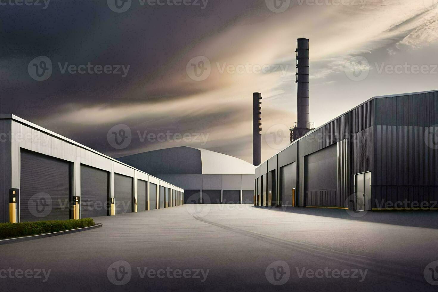 ein groß industriell Gebäude mit zwei Garage Türen. KI-generiert foto