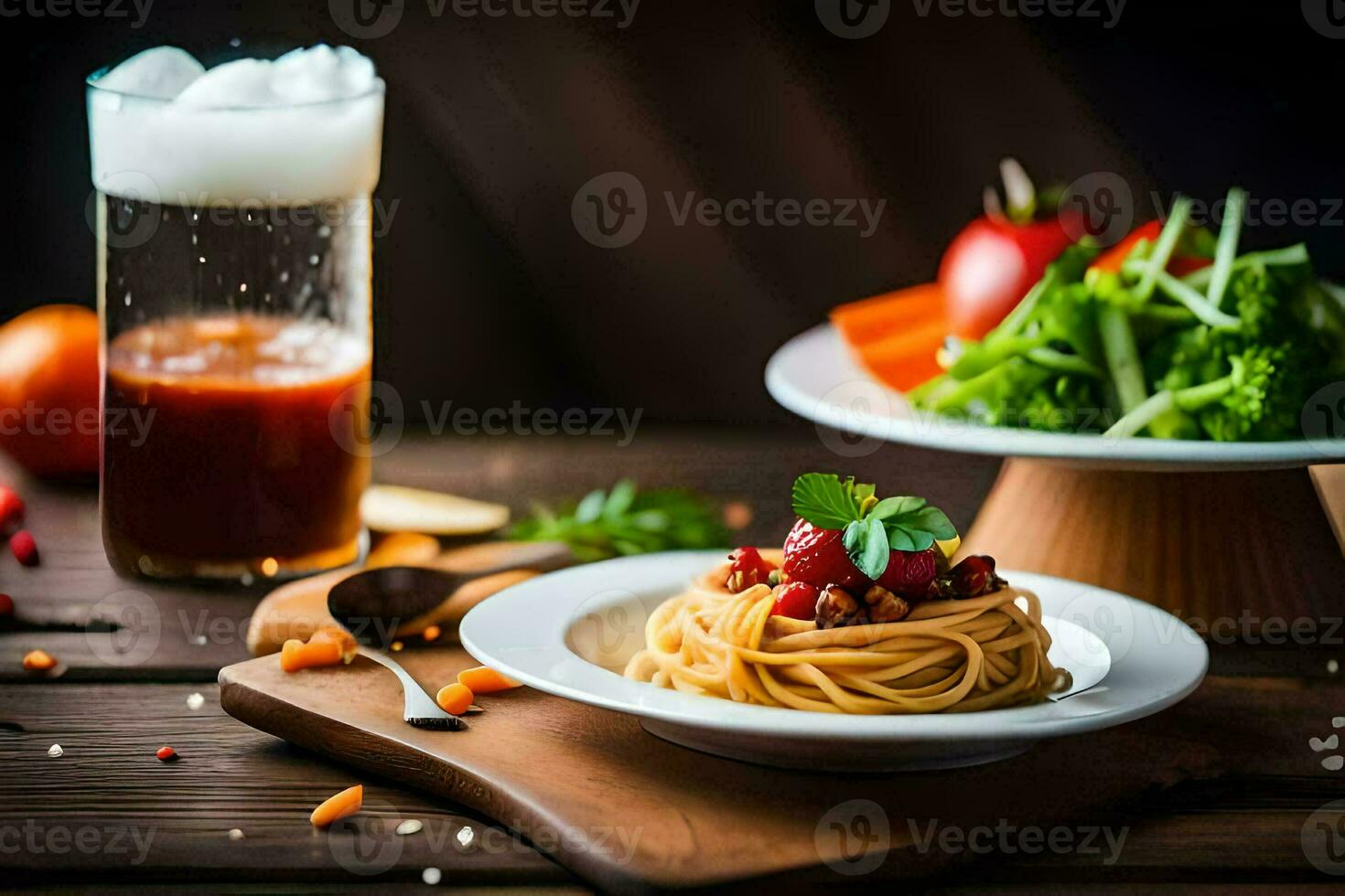 Spaghetti und Salat auf ein hölzern Tisch. KI-generiert foto