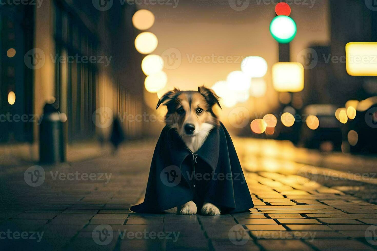 ein Hund tragen ein Mantel auf das Straße beim Nacht. KI-generiert foto