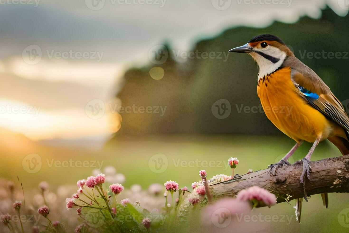 ein Vogel sitzt auf ein Ast im ein Feld. KI-generiert foto