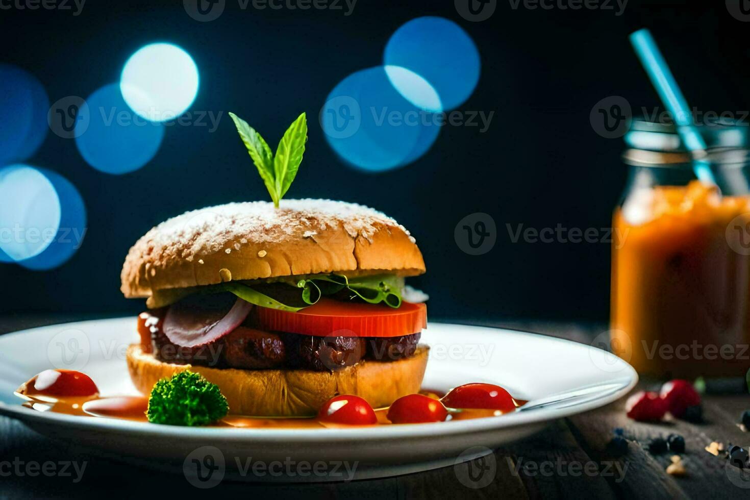 ein Hamburger mit Gemüse und Soße auf ein Platte. KI-generiert foto