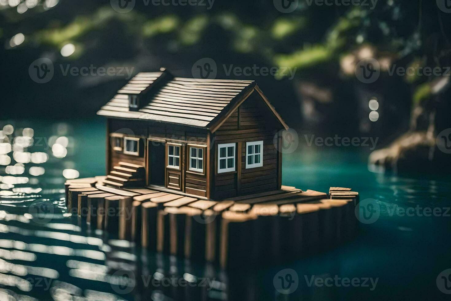 ein Miniatur Haus schwebend auf das Wasser. KI-generiert foto