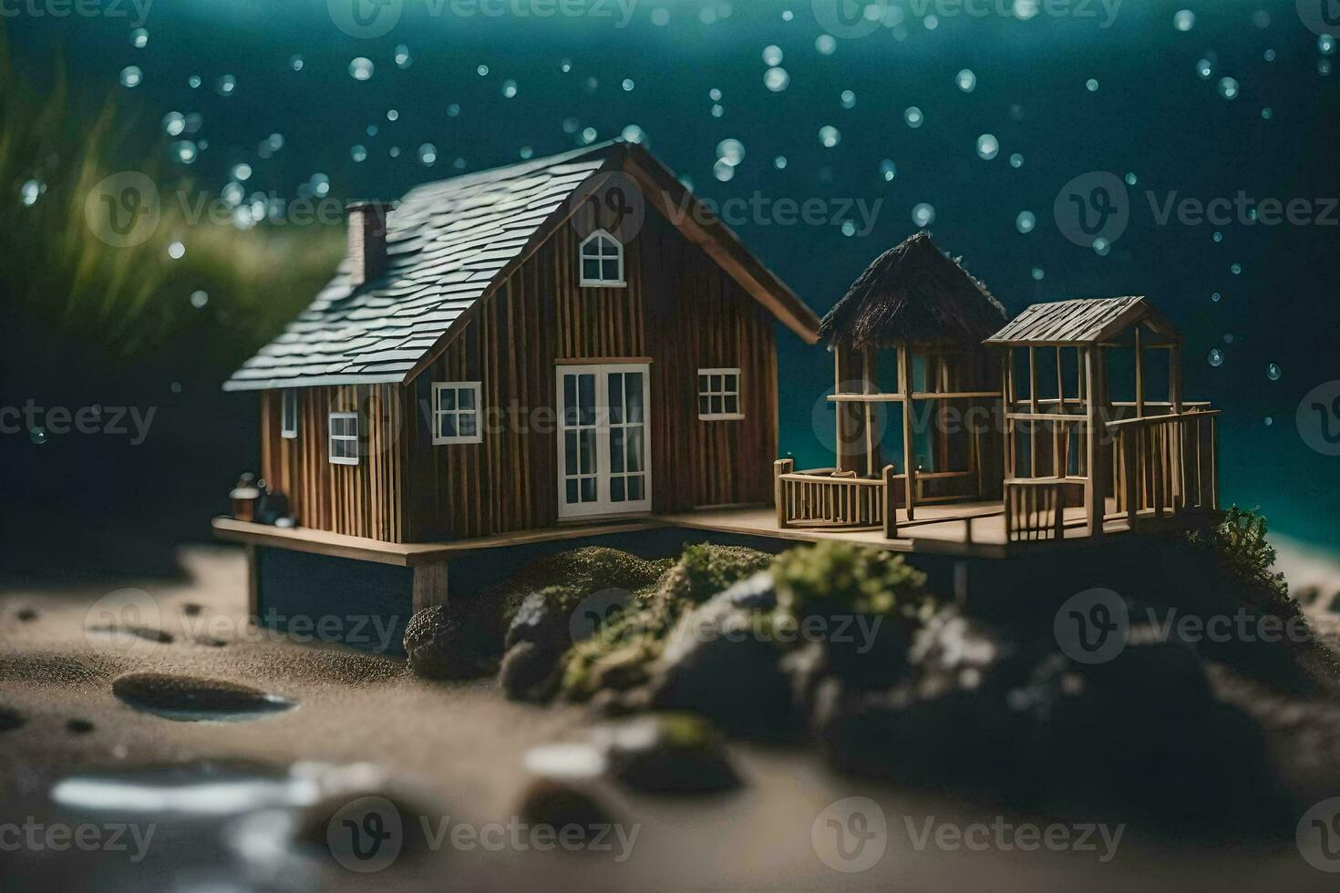 ein Miniatur Haus auf das Strand mit Regentropfen. KI-generiert foto