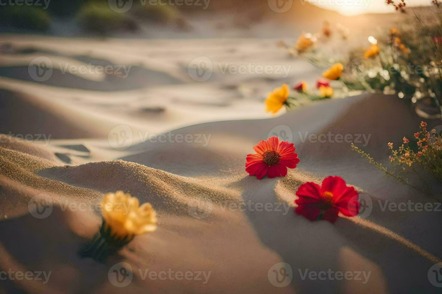 Blumen im das Wüste, Sonnenuntergang, Blumen, Blumen im das Wüste, Blumen im das Sand. KI-generiert foto