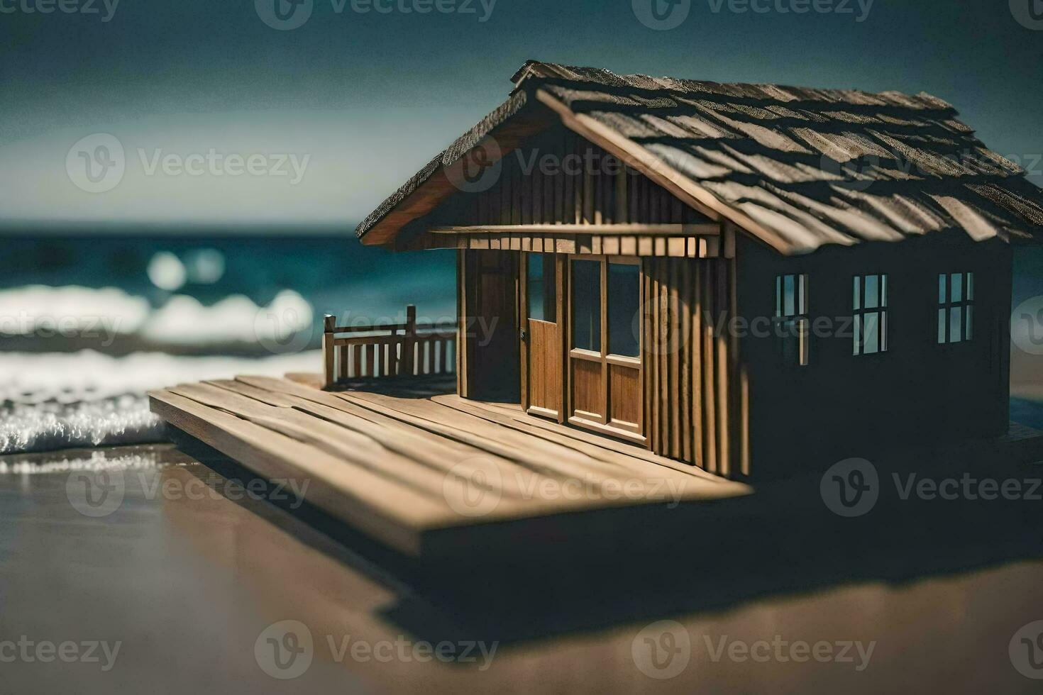ein Miniatur hölzern Haus auf das Strand. KI-generiert foto
