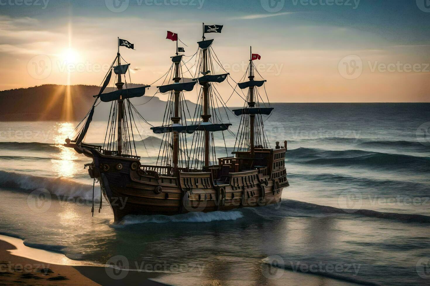 ein Pirat Schiff ist auf das Strand beim Sonnenuntergang. KI-generiert foto