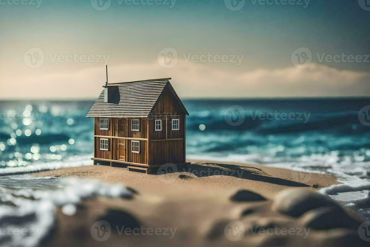 ein Miniatur Haus auf das Strand. KI-generiert foto