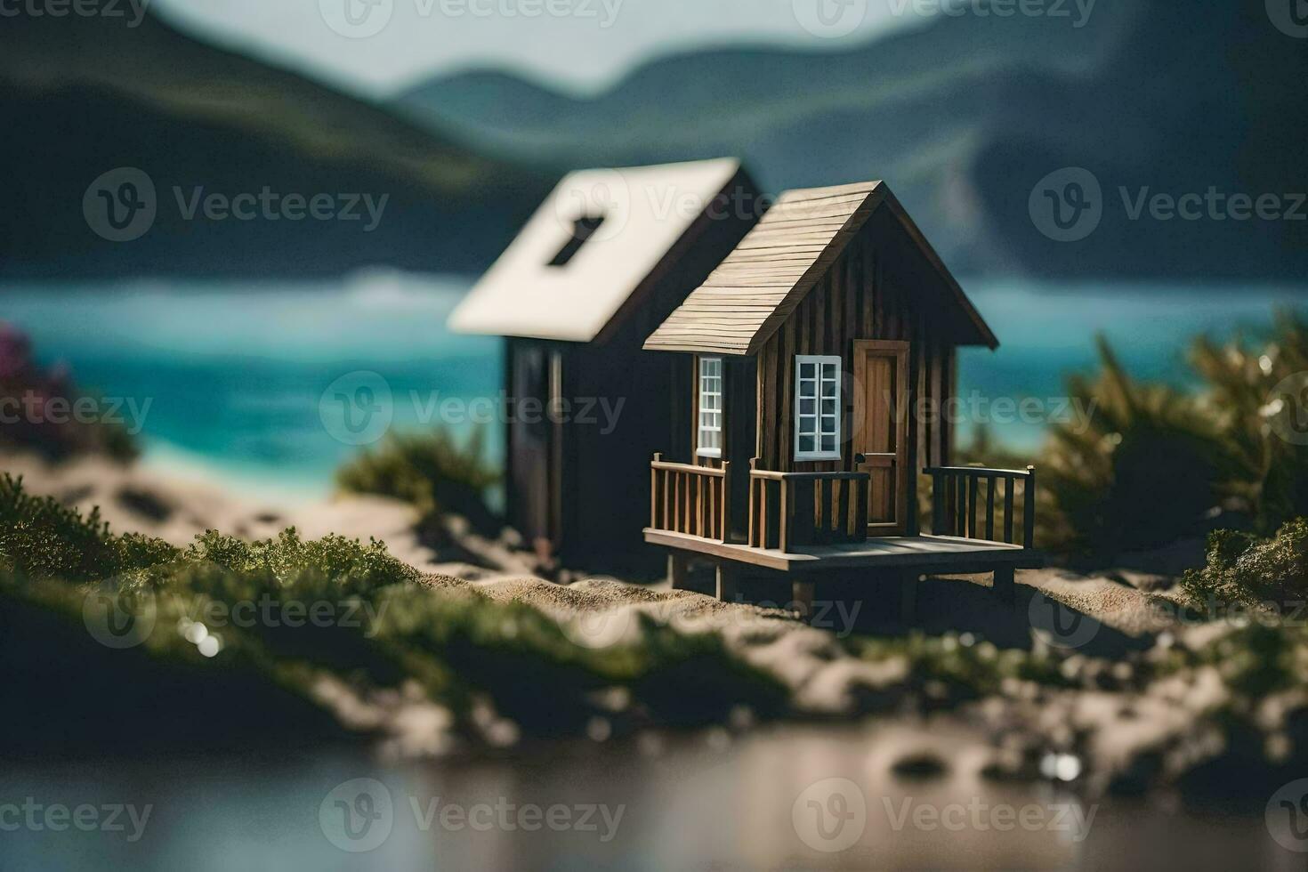 ein Miniatur Haus auf das Strand mit Berge im das Hintergrund. KI-generiert foto