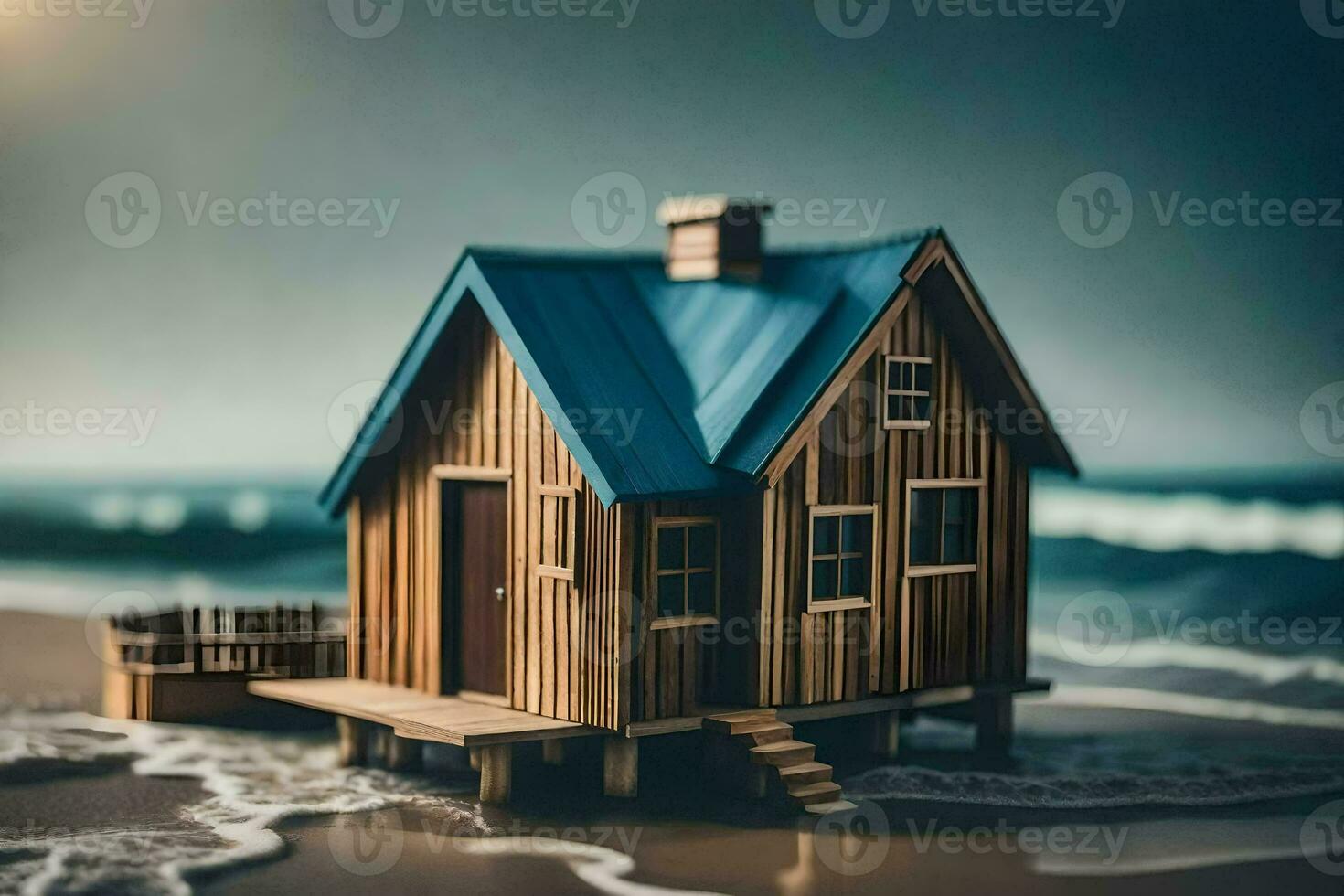 ein Miniatur hölzern Haus auf das Strand. KI-generiert foto